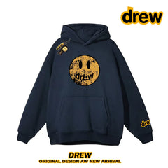 Drew Distressed Cracked Smiley Face Heavy Fleece Lined Hoodie, Navy