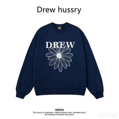 Drew Daisy Print Crewneck Sweatshirt, Unisex Oversized Fit, Navy Regular Style
