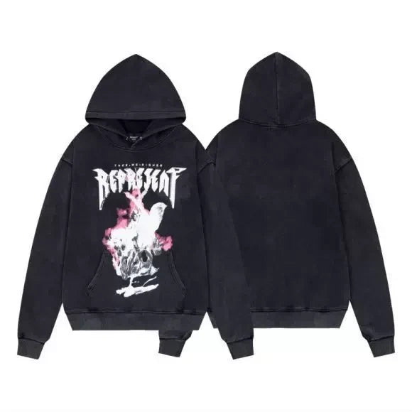 Represent Metal Gothic & Pink Mist Graphic Heavyweight Hoodie - Vintage Washed Black