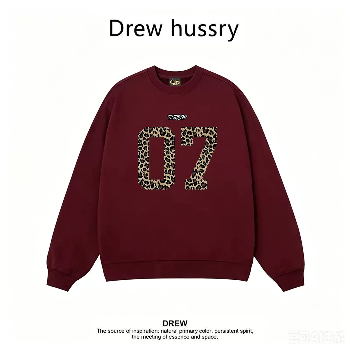 Drew Leopard 07 Graphic Crewneck Sweatshirt, Wine Red