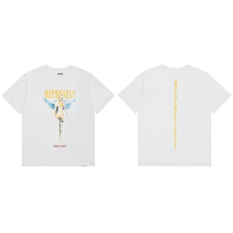 Represent Angel Figurine & Vertical Logo Graphic T-Shirt - White