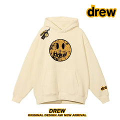 Drew Distressed Cracked Smiley Face Heavy Fleece Lined Hoodie, Apricot