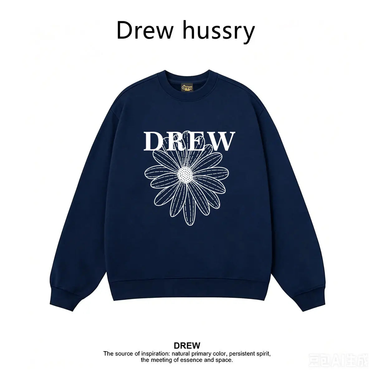 Drew Daisy Print Crewneck Sweatshirt, Unisex Oversized Fit, Navy Regular Style