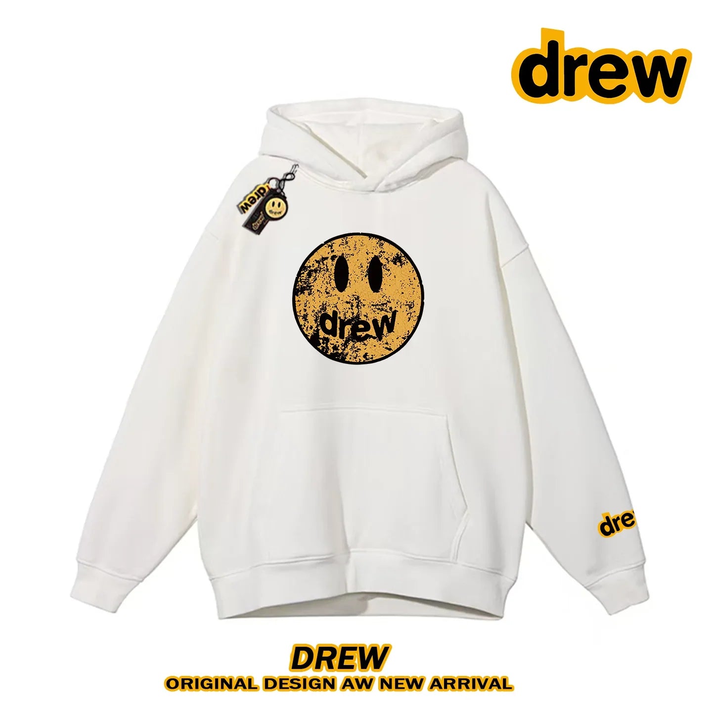 Drew Distressed Cracked Smiley Face Heavy Fleece Lined Hoodie, White
