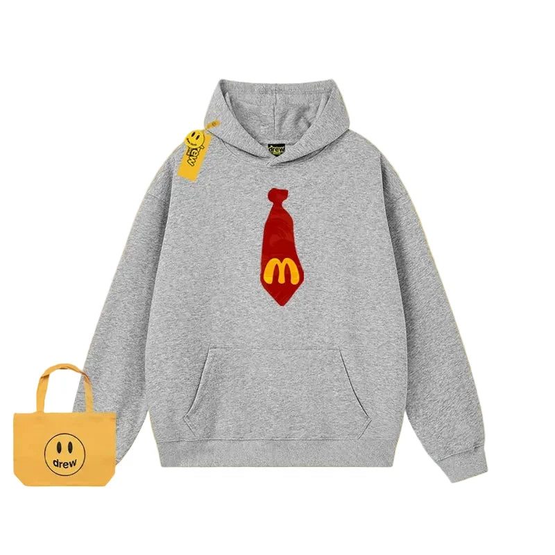Drew Cartoon Tie Print Hoodie, Light Grey