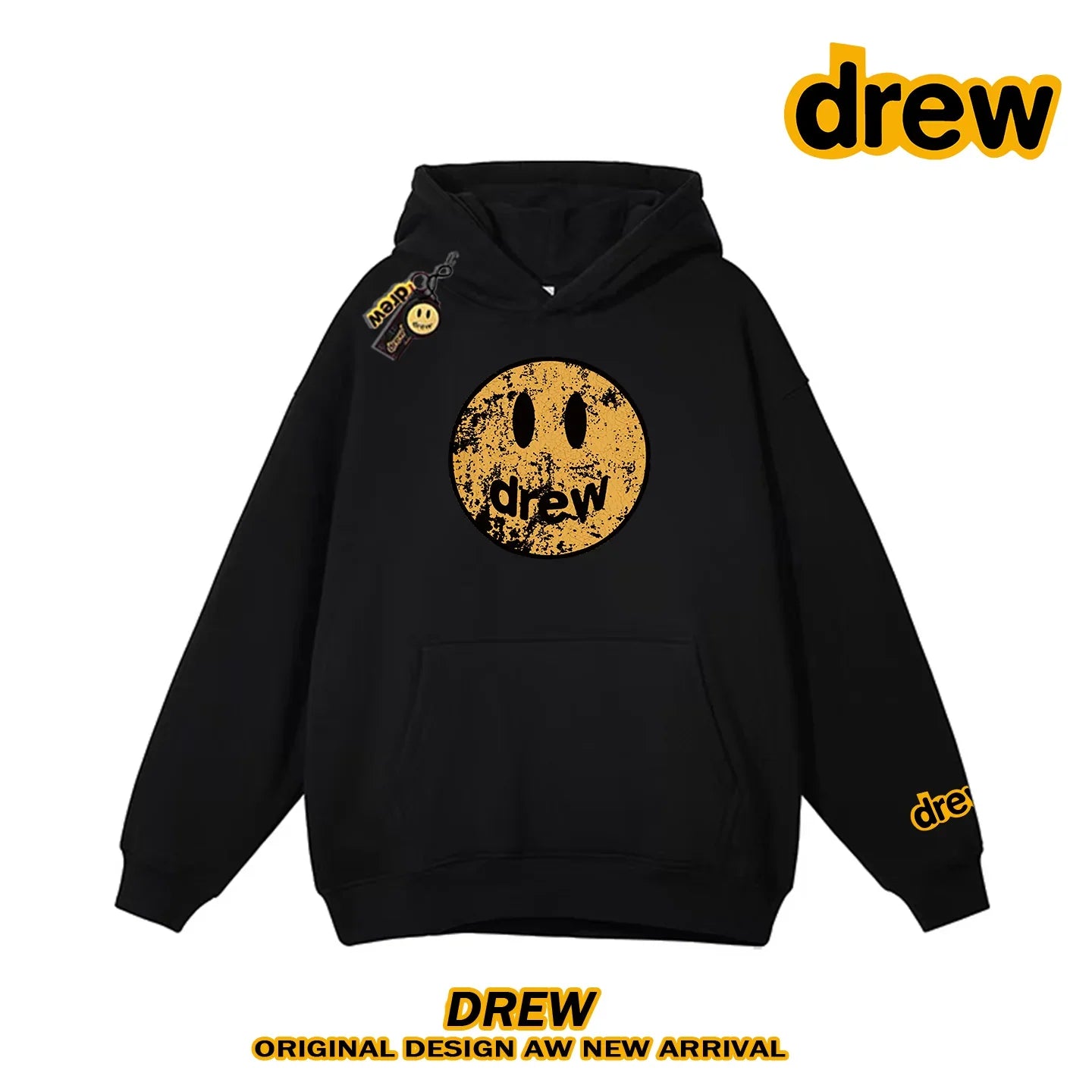 Drew Distressed Cracked Smiley Face Heavy Fleece Lined Hoodie, Black