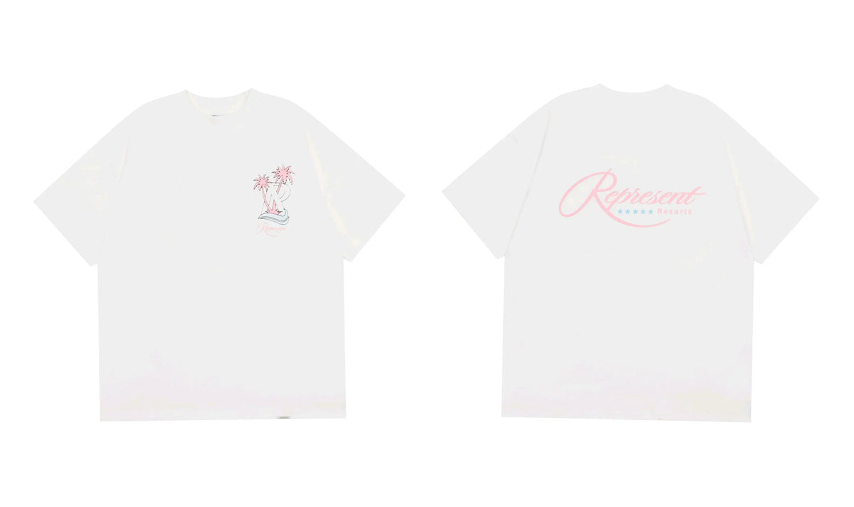 Represent Palm Tree & Cursive Script Graphic T-Shirt - White/Pink