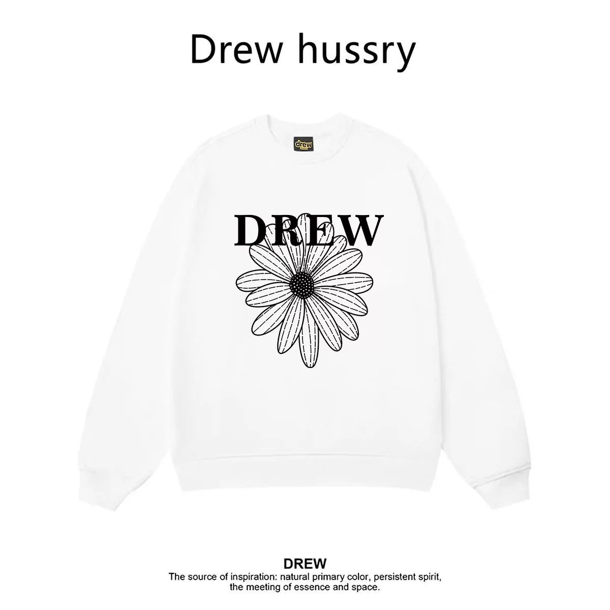 Drew Daisy Print Crewneck Sweatshirt, Unisex Oversized Fit, White Regular Style
