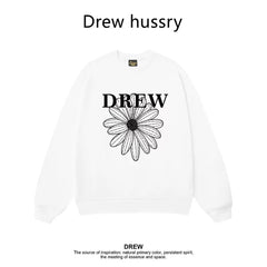 Drew Daisy Print Crewneck Sweatshirt, Unisex Oversized Fit, White Regular Style