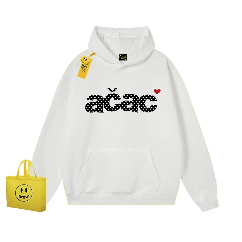 Drew Polka Dot Letter Print Fleece Hoodie, White