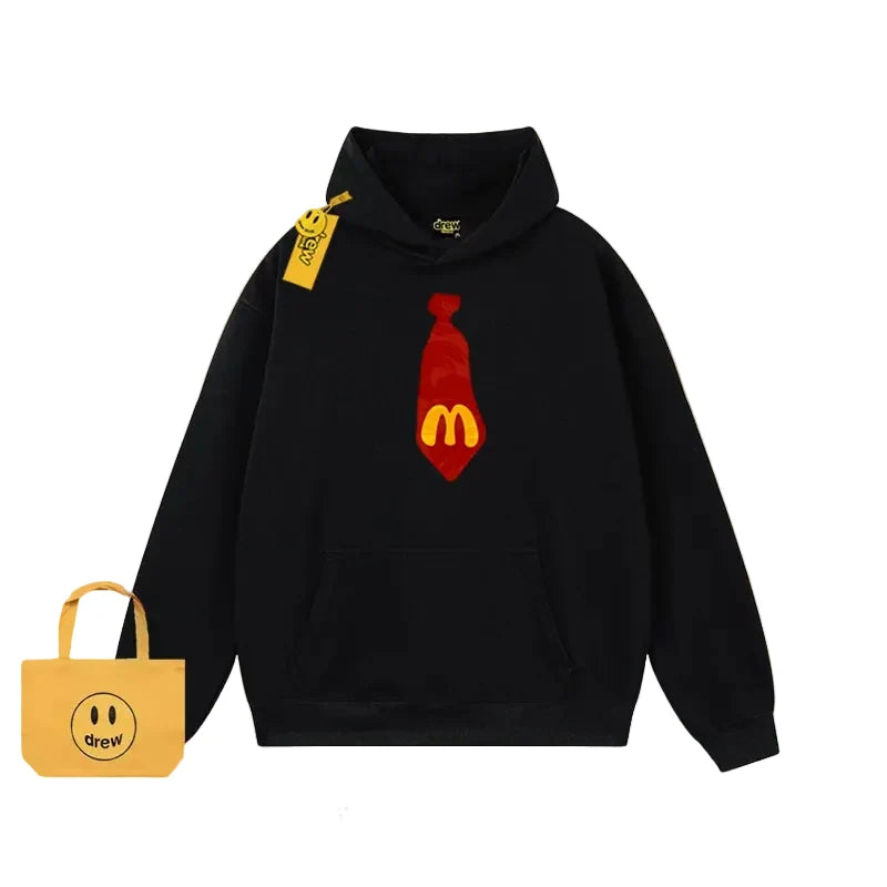 Drew Cartoon Tie Print Hoodie, Black